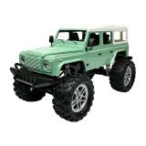Vista lateral del vehículo radiocontrol verde con diseño tipo Jeep