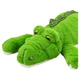 Cocodrilo de peluche verde con textura suave, perfecto para el juego.