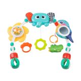 Barra de juegos sensorial Elephant Toyz con juguetes coloridos.