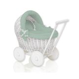Wicker Doll Pushchair White With Sage Bedding And Soft Padding Stella