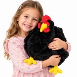 Gallina de peluche negro con detalles en rojo y amarillo