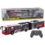 Autobús de ciudad teledirigido rojo y blanco de Lean toys junto a sus luces encendidas.