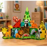Niños jugando con bloques en un zoológico imaginario
