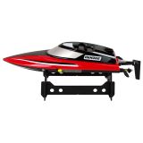 Lancha RC Lean Toys 32 cm roja, vista con soporte y accesorios