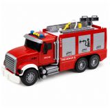 Camión de bomberos colorido con manguera de agua y detalles realistas.