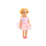 Muñeca con vestido de tul rosa y cabello rubio