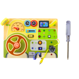 Tablero de madera educativo con elementos interactivos