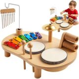 Mesita Kruzzel hecha de madera natural con címbalos y tambores coloridos.