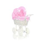 Carrito de muñeca My Sweet Baby de mimbre con ropa de cama rosa