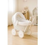 Wicker Doll Pushchair White With White Bedding And Soft Padding Stella