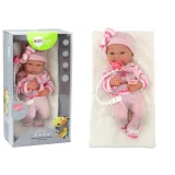 Muñeca con suéter a rayas, gorro y bufanda, rosa
