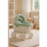 Wicker Doll Pushchair White With Sage Bedding And Soft Padding Stella