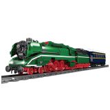 Lean Toys locomotora vapor RC montada sobre vías, detalle ruedas rojas y colores clásicos