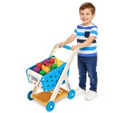 Carrito de compras de plástico azul para juegos infantiles.