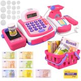 Caja registradora rosa con escáner y accesorios de juguete