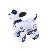 Perro robot en el jardín, jugando y siguiendo comandos.