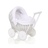 Wicker Doll Pushchair White With White Bedding And Soft Padding Stella