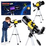 Telescopio amarillo con trípode y lentes