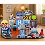 Set de construcción que incluye vehículos y figura de policía para jugar.