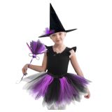 Disfraz de Bruja con Sombrero, Falda y Escoba Morado y Negro