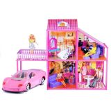Villa de muñecas grande plegable con coche rosa y accesorios