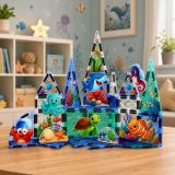 Niños jugando y construyendo con bloques magnéticos de animales marinos