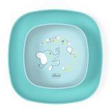 Set de platos Chicco azul, ideal para bebés aprendiendo a comer.