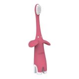 Cepillo de dientes elefante rosa Dr brown's en uso en el baño