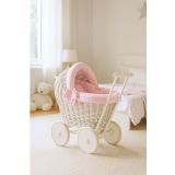 Wicker Doll Pushchair White With Pink Bedding And Soft Padding Stella
