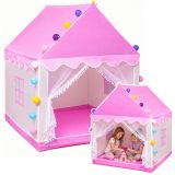 Casa tienda infantil en color rosa con luces LED encendidas.