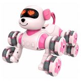 Perro robot interactivo hecho de plástico ABS blanco y rosa.