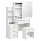 Mesa de vanity con almacenamiento eficiente y taburete suave