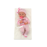 Muñeca con suéter a rayas, gorro y bufanda, rosa