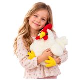 Pollo de peluche en color blanco y detalles rojos, perfecto para decoraciones.