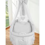 Capazo de Mimbre Blanco con Dosel y Cortina Amelie + Ropa de Cama Gris – MY SWEET BABY de frente