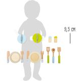 dimensiones Set de Platos, Ollas y cubiertos - Juguete de madera