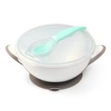 Cuenco con ventosa y cuchara BabyOno en azul, perfecto para viajes y paseos con bebés pequeños.