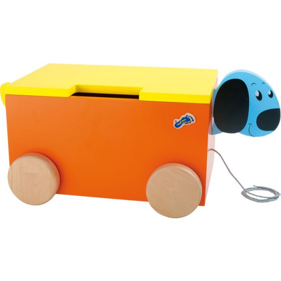 Caja recoge juguetes de madera con ruedas
