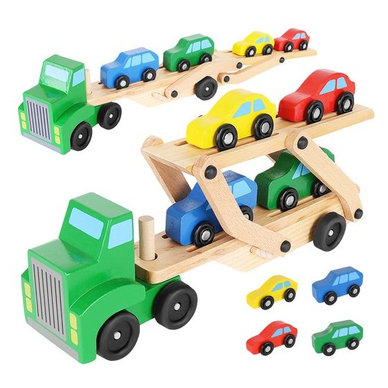 Camión de madera - grúa + juego de coches