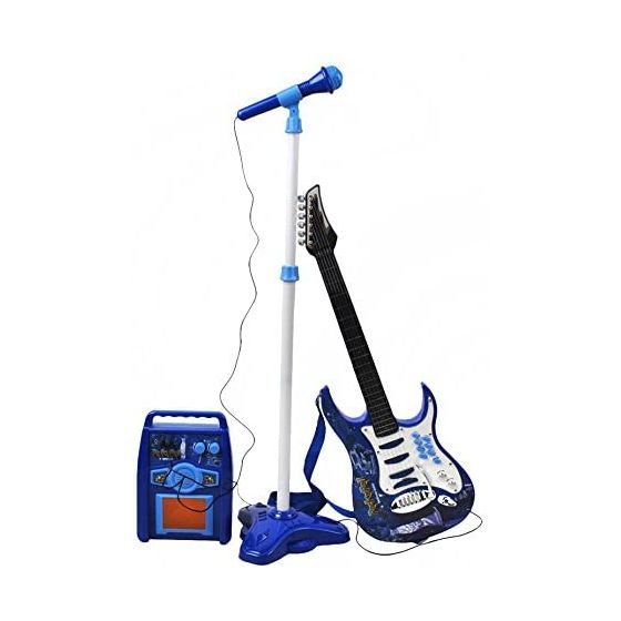 Juego de Guitarra eléctrica + Amplificador + micrófono con Soporte Azul para niños a Pilas