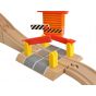 Pista de tren de madera con edificios y helipuerto , 69 piezas