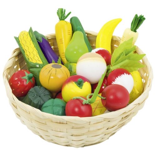 Cesta de mimbre con 21 frutas y verduras variadas de madera, de Goki
