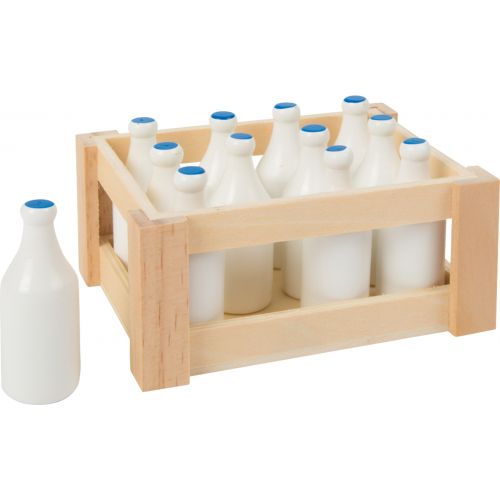 Botellas de leche y Caja , juguetes de madera, 12 botellas incluidas