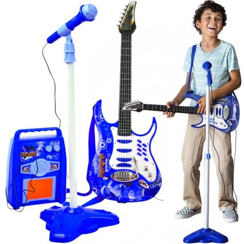Juego de Guitarra eléctrica + Amplificador + micrófono con Soporte Azul para niños a Pilas