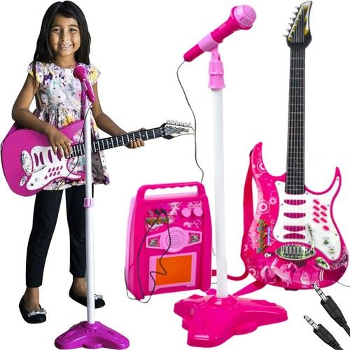 Guitarra eléctrica + Amplificador + Micrófono con Soporte de Color Rosa